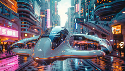 A futuristic cityscape with flying cars, neon lights.