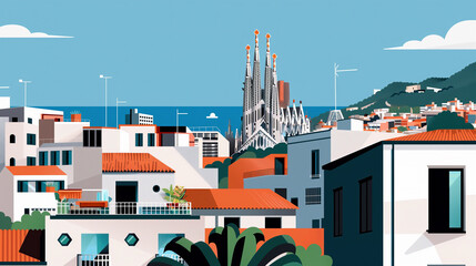 Vibrant illustration of the city of Barcelona depicting iconic architecture and seascape