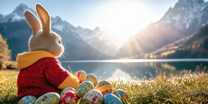 Easter bunny spring travel holiday vacation getaway, lake, mountains, colorful decorated eggs, grass, water, sunshine, relaxing rest fresh air outdoors, copy space