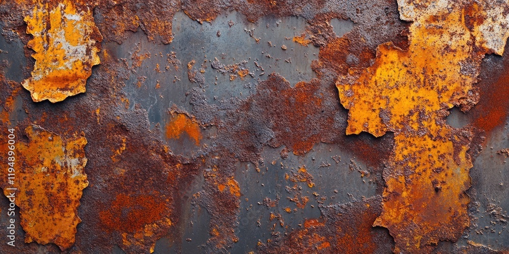Poster rusty metal backdrop featuring large orange and brown rust patches on a dark blue-gray iron panel wi