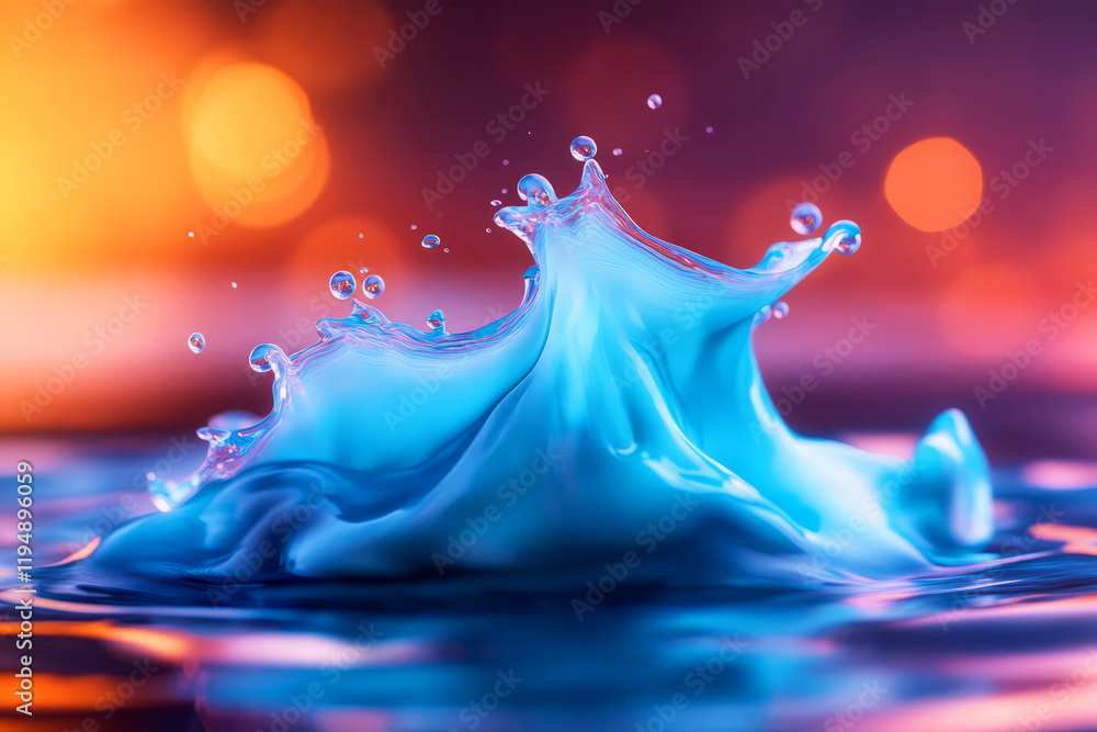 Poster captivating splash of blue liquid with droplets on colorful background displaying dynamic motion