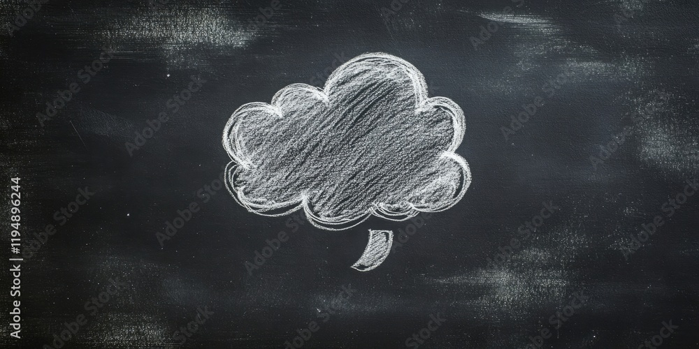 Poster chalk drawing of a fluffy thought bubble in white centered on a dark black chalkboard background wit