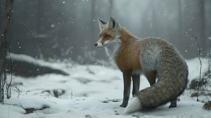 Obraz premium Realistic Illustration- Red Fox in Snowy Forest
