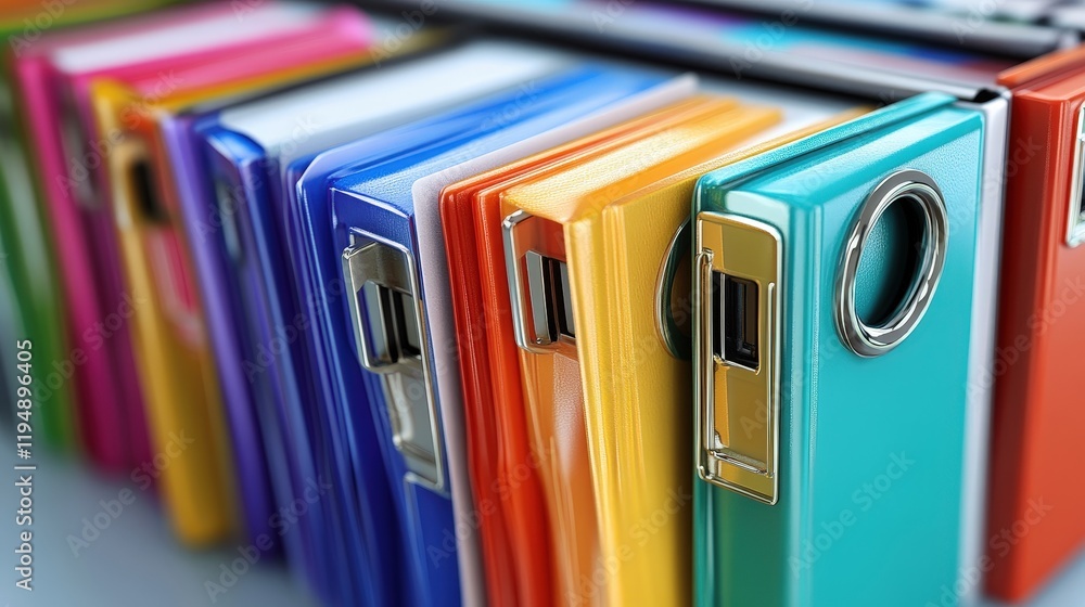 Poster colorful binders stacked neatly on a desk for document management and organization in a professional