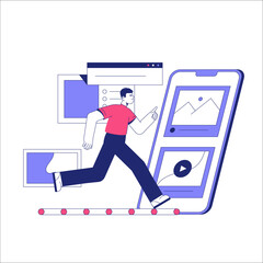 Male Character Running Through Digital Interfaces In Flat Vector Illustration Symbolizing Mobile Application Development And User Experience, Isolated On White Background.