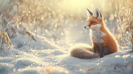 Obraz premium Illustration - Fox in Winter Wonderland Snow Sunlight Wildlife
