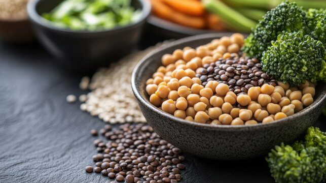 A close-up of a balanced high-protein vegan meal, featuring lentils, chickpeas