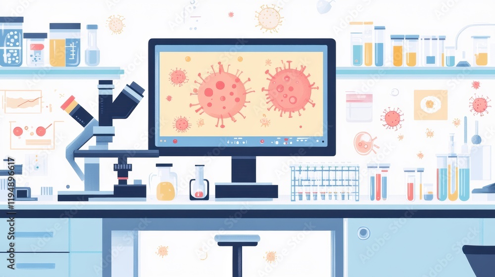Fototapete laboratory setting with microscopes, test tubes, and bacteria visuals on monitor in an advanced rese