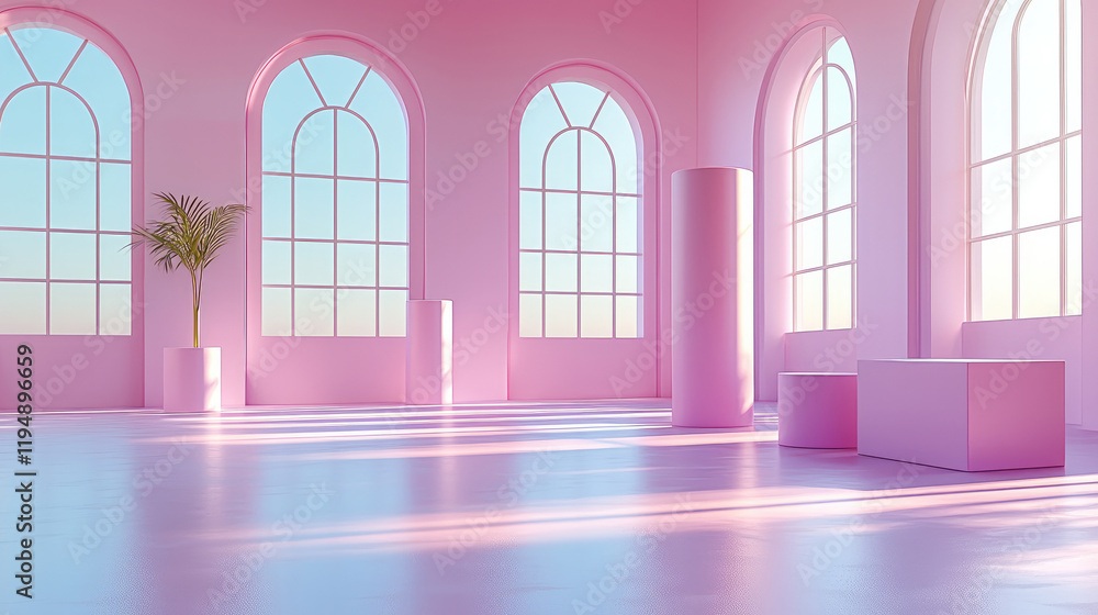 Fototapete A minimal stand podium wall scene with a soft pastel color background, Geometric shapes such as cylinders, cubes, and arches are arranged elegantly for product display presentation.