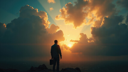 Obraz premium Man standing on a cliff during sunset looking towards vibrant clouds and sun rays in the evening sky