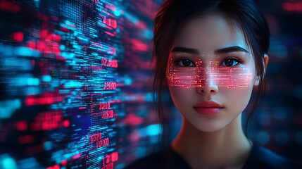 Cyberpunk Woman with Digital Overlay, Neon Lights AI red girl blue    
