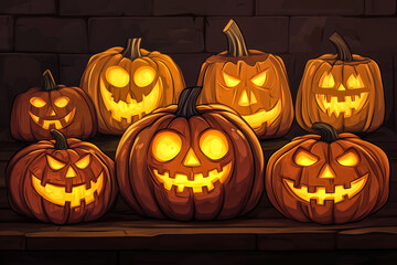 Glowing cartoon pumpkins on a dark brick wall. Generative AI image