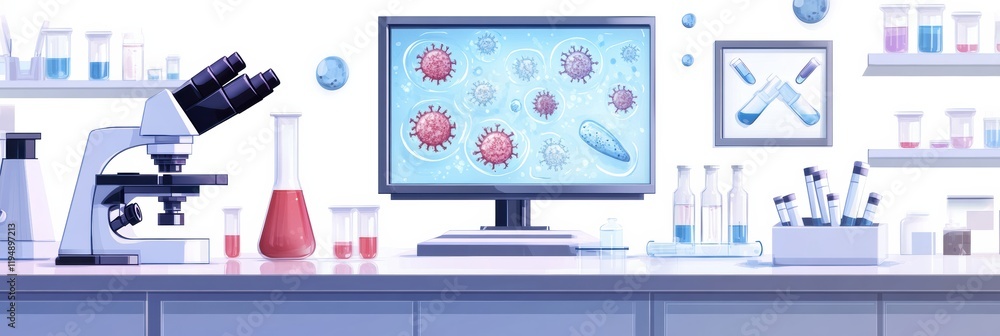Poster laboratory setup with microscopes, test tubes, and digital displays showcasing bacteria and microbia