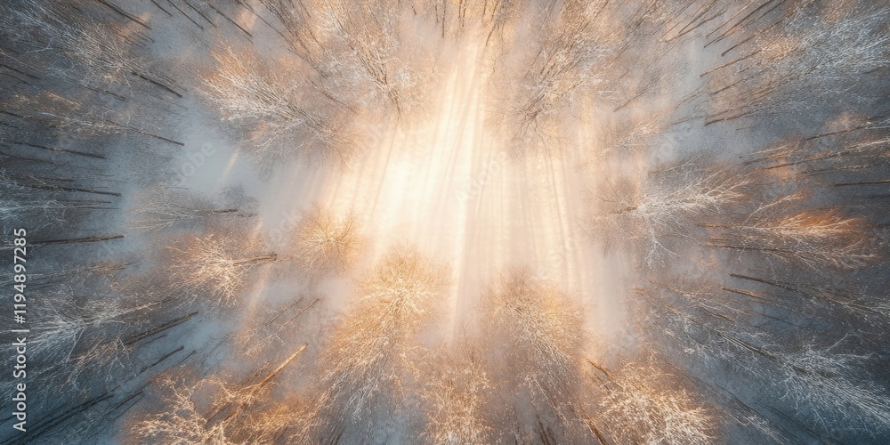 Aufkleber aerial view of bare deciduous trees in winter with misty golden light illuminating the scene from ab