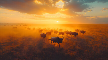 Naklejka premium Illustration of Wildebeest Migration at Sunset, Dust, Golden Hour, Savanna