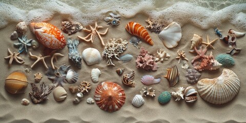 Fototapeta premium Colorful marine elements including seashells, corals, and starfish arranged on sandy beach with gentle foam waves in the background.