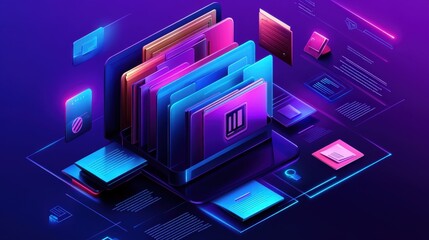 Futuristic Document Management System Visualization with Colorful Folders, Digital Files, and Abstract Data Elements in a High-Tech Environment