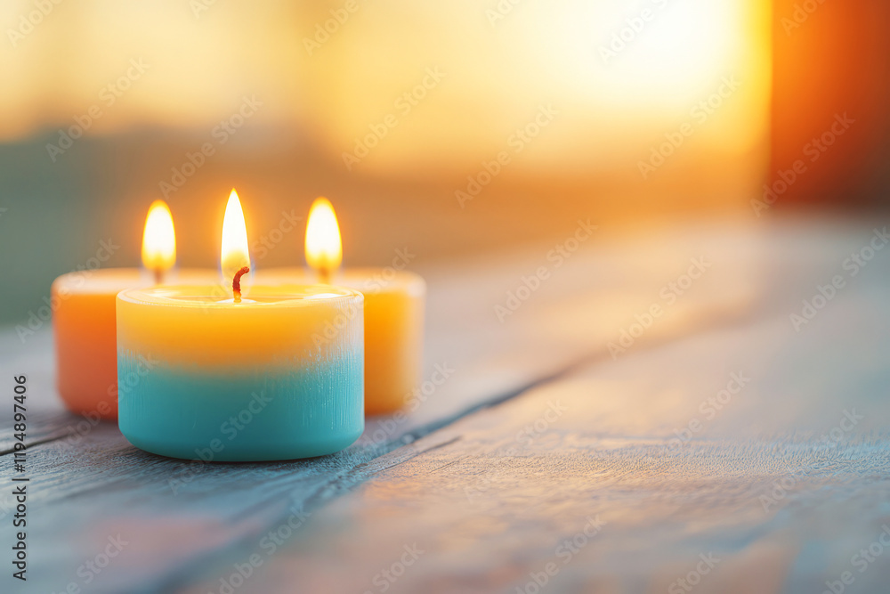 Poster softly glowing candles on a rustic table with a warm sunset background