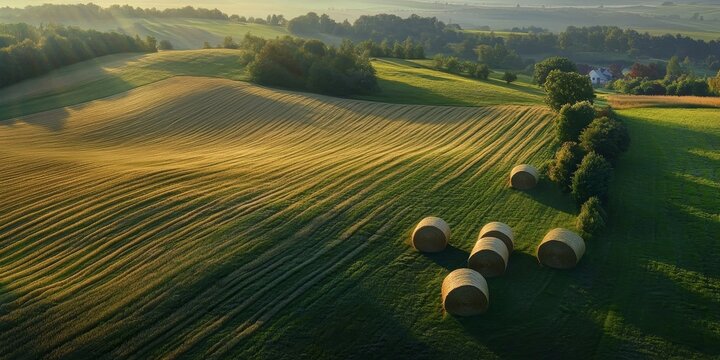 Aerial view of golden summer hay rolls on vibrant green fields with sunlit rolling hills and tree line creating a tranquil rural landscape