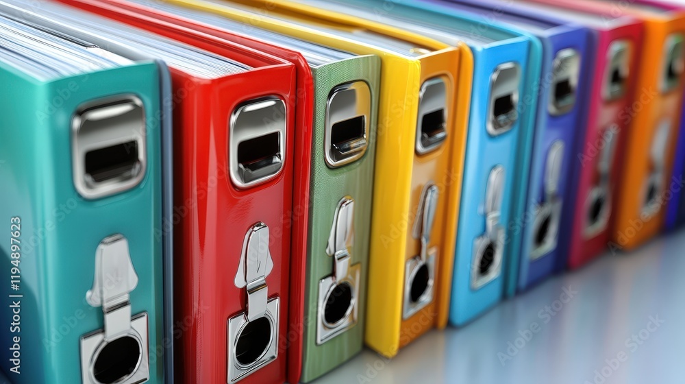 Poster colorful binders organized in a row on a table representing document management systems and efficien