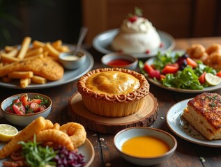 Delicious feast featuring various dishes on a rustic wooden table