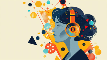 Fototapeta premium Vibrant illustration of a woman with headphones and abstract art. Generative AI image