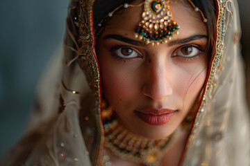 Fototapeta premium Close-up portrait of a young woman in traditional Indian attire Generative AI image
