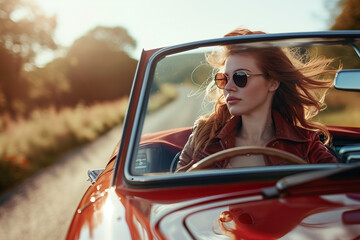 Naklejka premium Stylish woman driving a vintage convertible on a sunny day Generative AI image