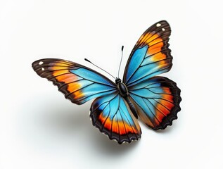 Fototapeta premium Vibrant blue butterfly displaying colorful wings rests on a white surface