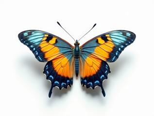 Obraz premium Vibrant blue and orange butterfly displaying striking wings against a white background