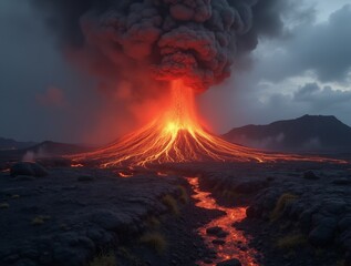 Fototapeta premium Eruption of a volcano at twilight, showcasing lava flow and smoke billowing into the sky