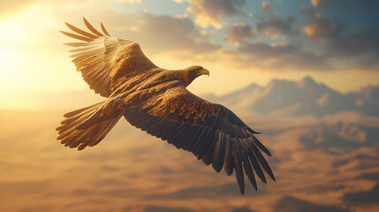 Naklejka premium Realistic Illustration Golden Eagle Soaring Sunset Desert Mountains Wildlife Bird Flight Feather Wings Sky Clouds Nature Majestic Animal