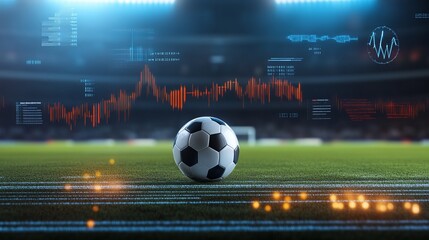soccer ball in the center of the field surrounded by floating data graphs and performance statistics