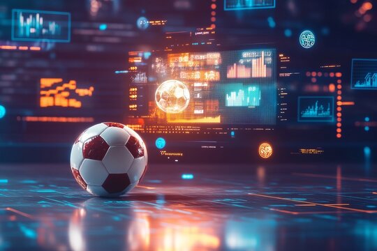 soccer ball in the center of the field surrounded by floating data graphs and performance statistics