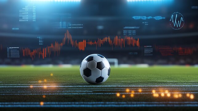 soccer ball in the center of the field surrounded by floating data graphs and performance statistics