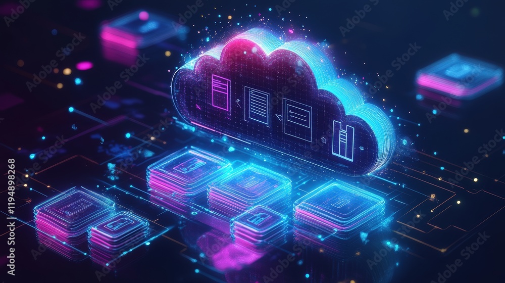 Poster futuristic digital interface representing cloud storage and data management with neon effects and vi