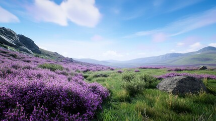 Obraz premium Vibrant purple flowers in a scenic landscape under a blue sky.