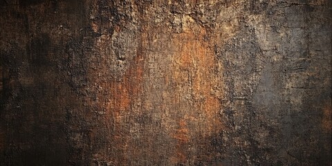 Fototapeta premium Textured dark brown grunge wall background with aged orange and gray tones creating a frightening atmosphere showcasing intricate deep grooves.