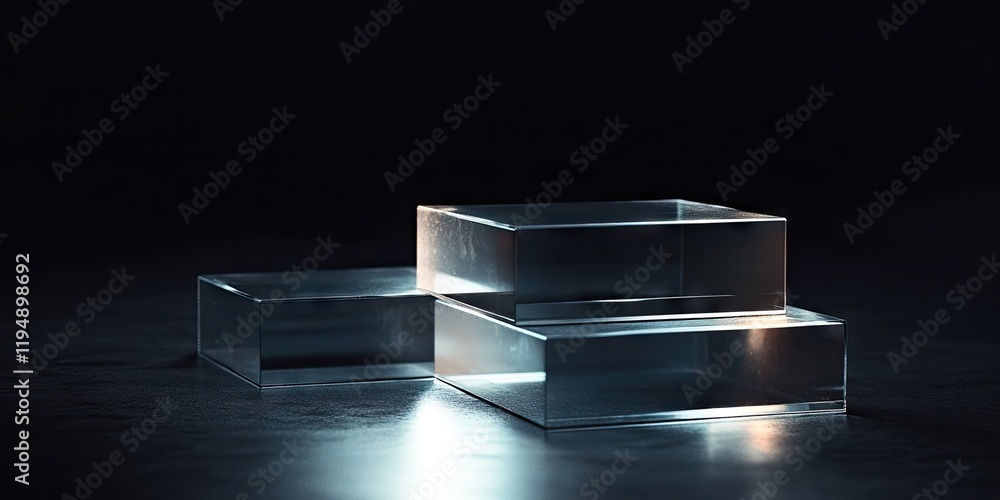 Poster transparent acrylic blocks arranged on a dark stage with subtle reflections illuminating the surface