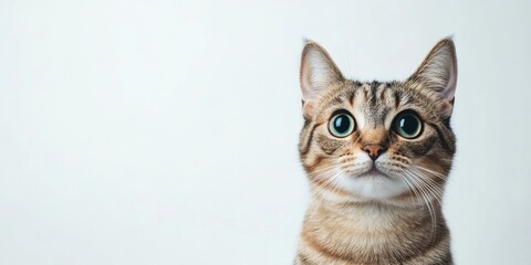 Fototapeta premium Cute tabby cat with large green eyes sitting on the left side of a clean white backdrop creating a minimalist aesthetic with soft lighting.