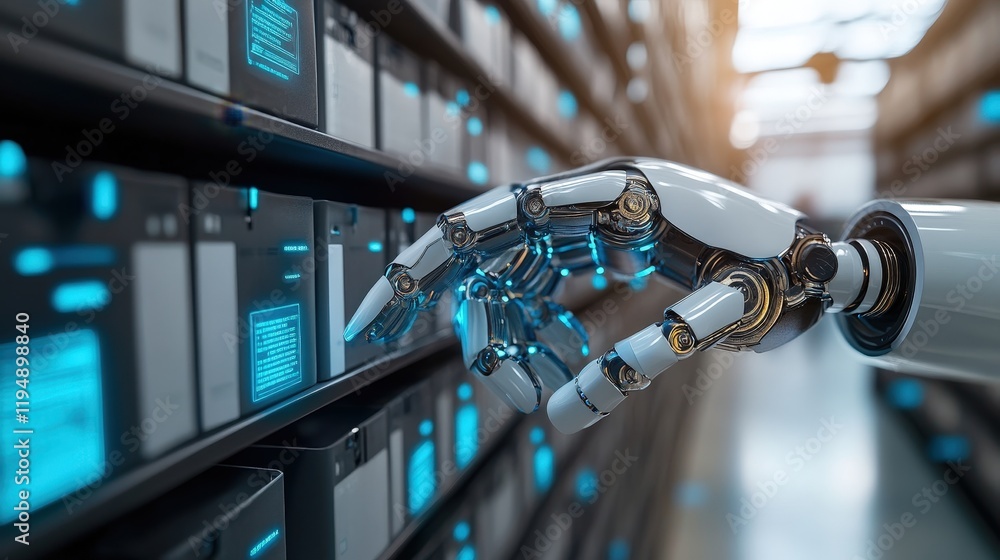 Poster concept of artificial intelligence application in data management with a robot hand interacting with