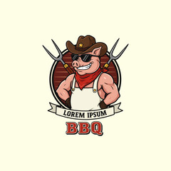 This is a logo design featuring a strong cartoon pig wearing a cowboy hat and sunglasses, ready for BBQ.