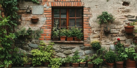 Vintage brick and stone wall adorned with potted plants in warm earth tones, featuring a rustic window surrounded by greenery.