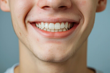 Fototapeta premium Close-up of a bright smiling European young man showing off heal