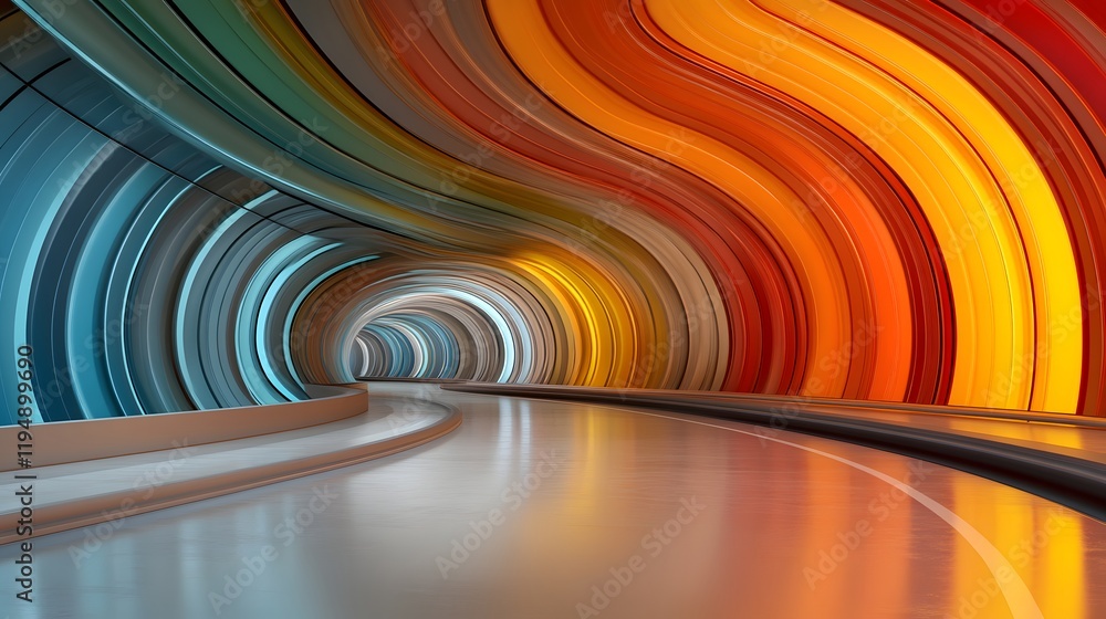 Poster abstract vibrant tunnel with flowing colorful waves illuminated by light, creating a dynamic and ene