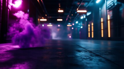 Neon Cyberpunk Alleyway: Purple Smoke and Futuristic Lighting