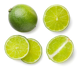 Set of lime, two halves and circles on white background. Top view