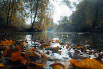 Obraz premium Low-angle view of fallen autumn leaves on river surface. Generative AI image