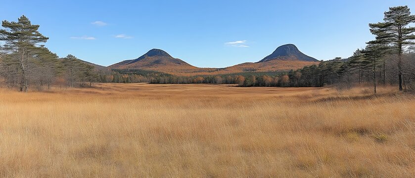 Autumnal grassland with twin peaks.
