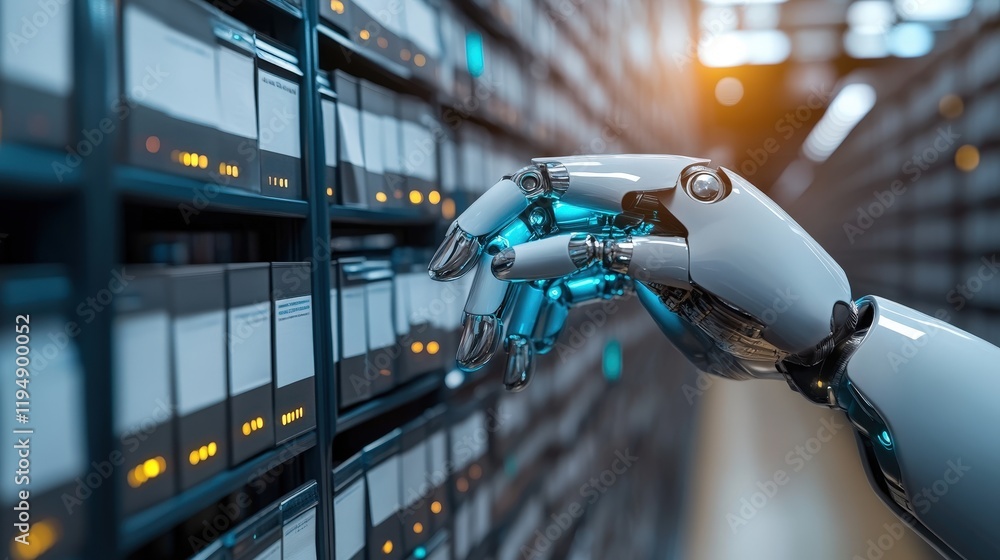 Poster concept of using artificial intelligence in modern data storage systems with a robotic hand interact